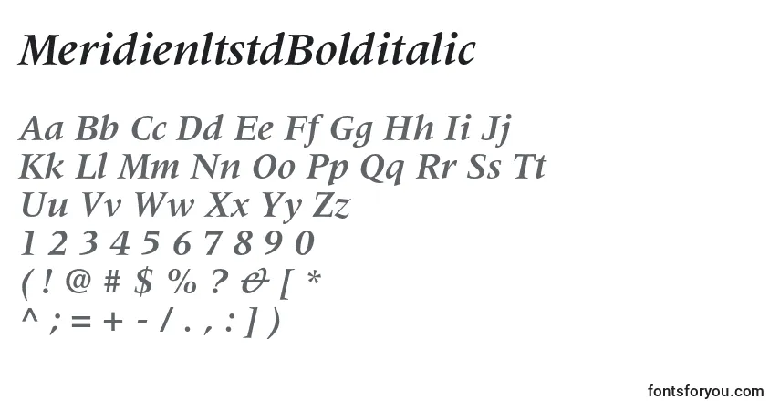 A fonte MeridienltstdBolditalic – alfabeto, números, caracteres especiais