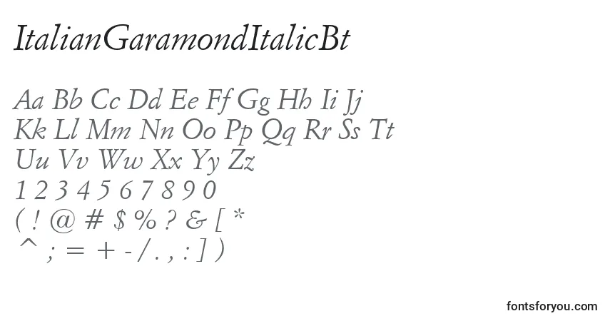 A fonte ItalianGaramondItalicBt – alfabeto, números, caracteres especiais