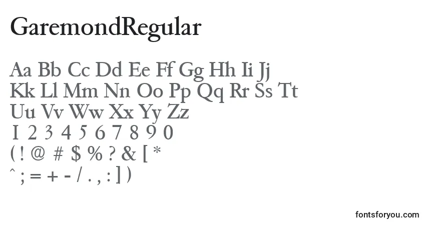 Czcionka GaremondRegular – alfabet, cyfry, specjalne znaki