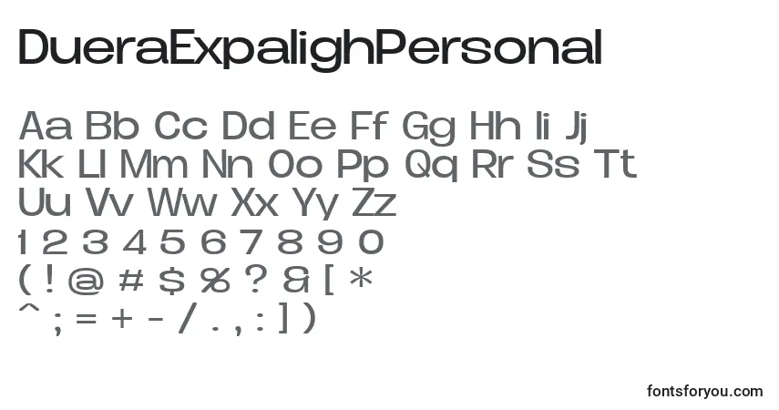 Czcionka DueraExpalighPersonal – alfabet, cyfry, specjalne znaki