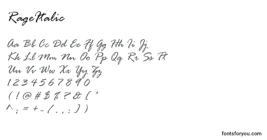 Schriftart RageItalic – Alphabet, Zahlen, spezielle Symbole