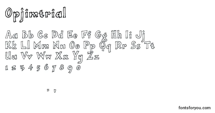 Czcionka Opjimtrial – alfabet, cyfry, specjalne znaki