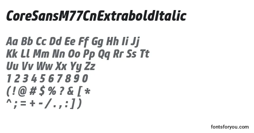Schriftart CoreSansM77CnExtraboldItalic – Alphabet, Zahlen, spezielle Symbole