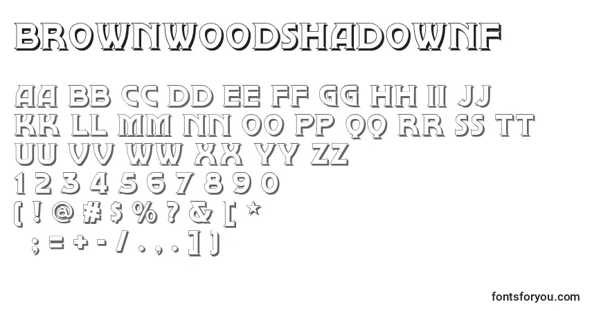 Шрифт Brownwoodshadownf – алфавит, цифры, специальные символы