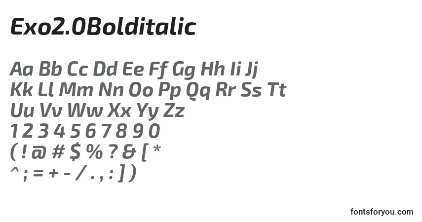 A fonte Exo2.0Bolditalic – alfabeto, números, caracteres especiais
