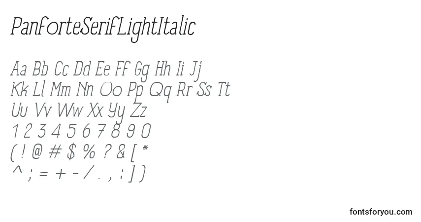 Schriftart PanforteSerifLightItalic – Alphabet, Zahlen, spezielle Symbole