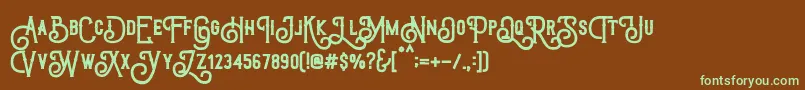 フォントTriumphWheelsRough – 緑色の文字が茶色の背景にあります。