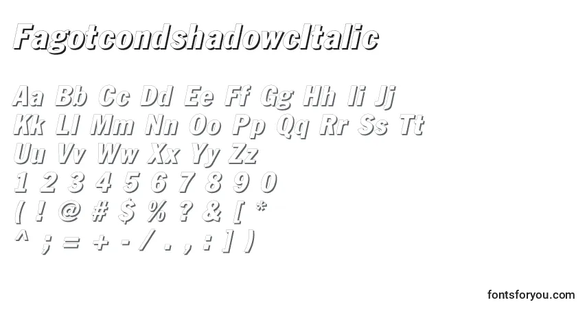 A fonte FagotcondshadowcItalic – alfabeto, números, caracteres especiais