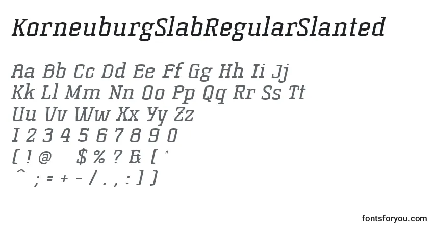 Шрифт KorneuburgSlabRegularSlanted – алфавит, цифры, специальные символы