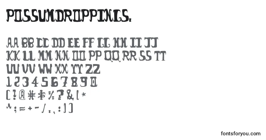 Czcionka PossumDroppings. – alfabet, cyfry, specjalne znaki