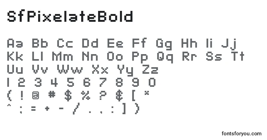 Czcionka SfPixelateBold – alfabet, cyfry, specjalne znaki