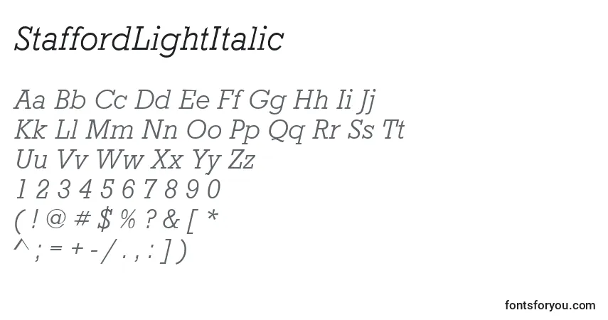 Czcionka StaffordLightItalic – alfabet, cyfry, specjalne znaki