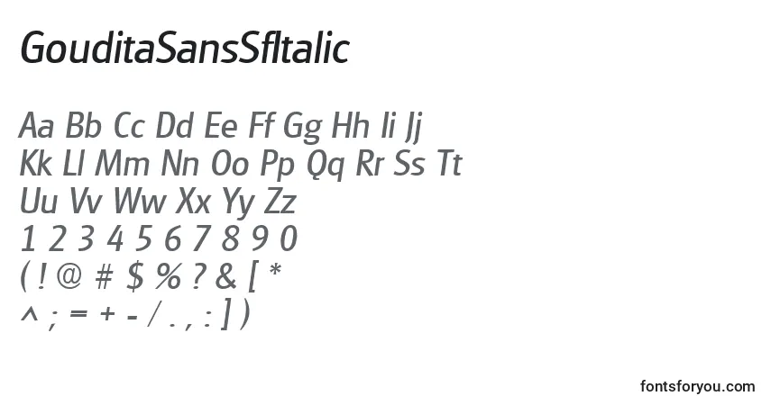 Czcionka GouditaSansSfItalic – alfabet, cyfry, specjalne znaki