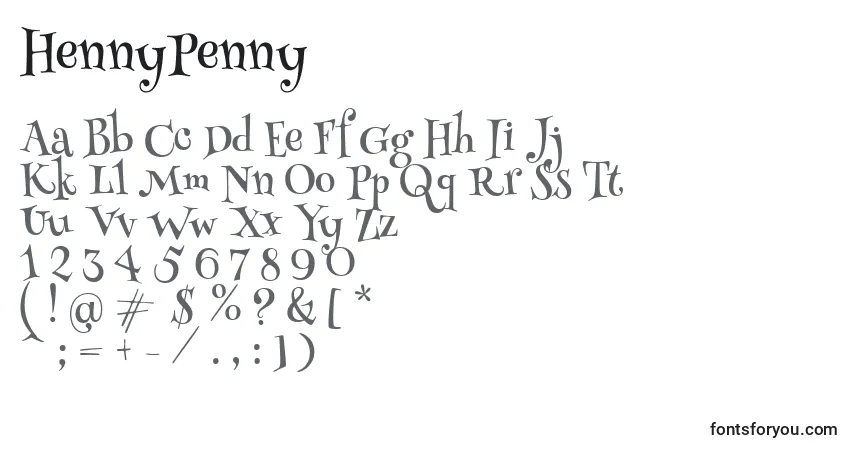 Schriftart HennyPenny – Alphabet, Zahlen, spezielle Symbole