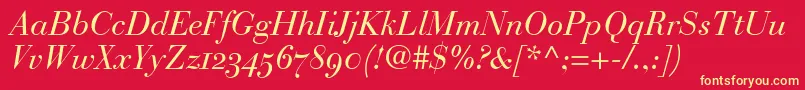 BauerBodoniItalicOldstyleFigures-fontti – keltaiset fontit punaisella taustalla