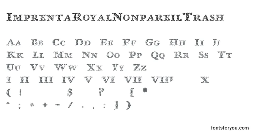 Schriftart ImprentaRoyalNonpareilTrash – Alphabet, Zahlen, spezielle Symbole