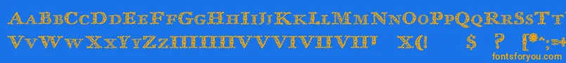 フォントImprentaRoyalNonpareilTrash – オレンジ色の文字が青い背景にあります。