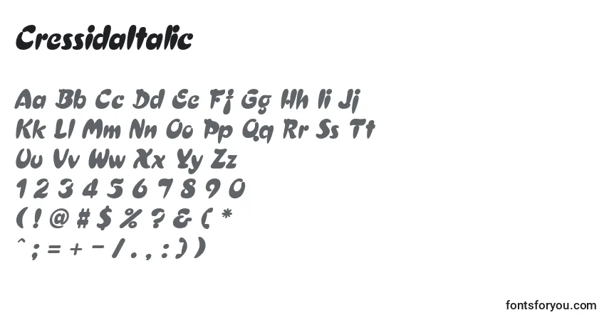 Czcionka CressidaItalic – alfabet, cyfry, specjalne znaki