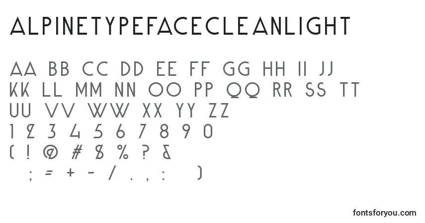 Czcionka AlpineTypefaceCleanLight – alfabet, cyfry, specjalne znaki