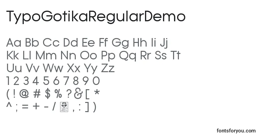 Czcionka TypoGotikaRegularDemo – alfabet, cyfry, specjalne znaki