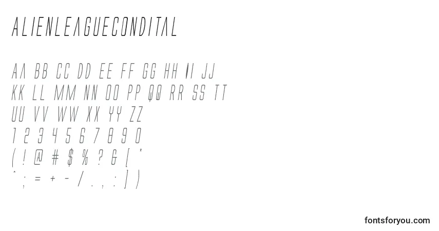 Schriftart Alienleaguecondital – Alphabet, Zahlen, spezielle Symbole