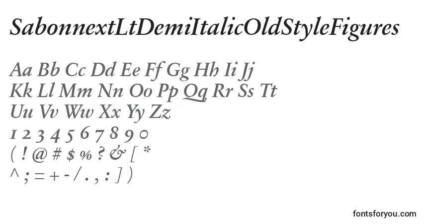 Schriftart SabonnextLtDemiItalicOldStyleFigures – Alphabet, Zahlen, spezielle Symbole