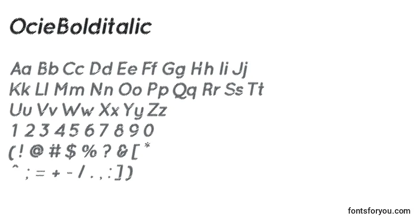 Шрифт OcieBolditalic – алфавит, цифры, специальные символы
