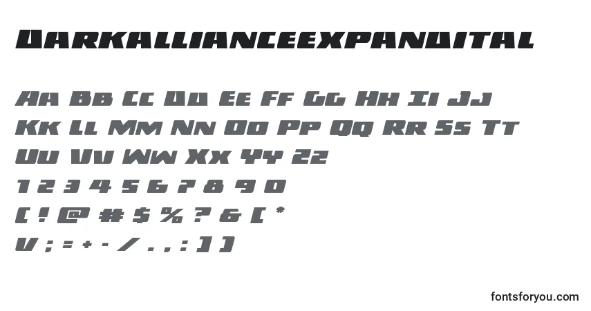 Schriftart Darkallianceexpandital – Alphabet, Zahlen, spezielle Symbole