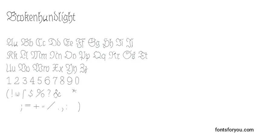 Czcionka Brokenhandlight – alfabet, cyfry, specjalne znaki