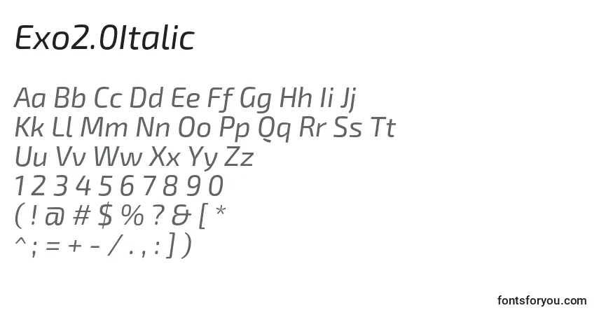 Exo2.0Italic-fontti – aakkoset, numerot, erikoismerkit