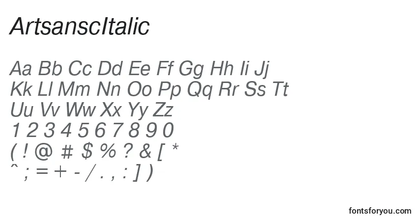 A fonte ArtsanscItalic – alfabeto, números, caracteres especiais