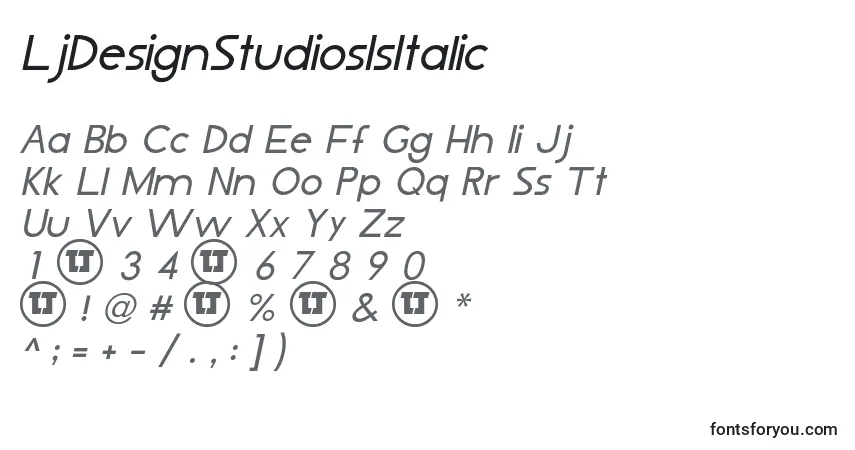 A fonte LjDesignStudiosIsItalic – alfabeto, números, caracteres especiais