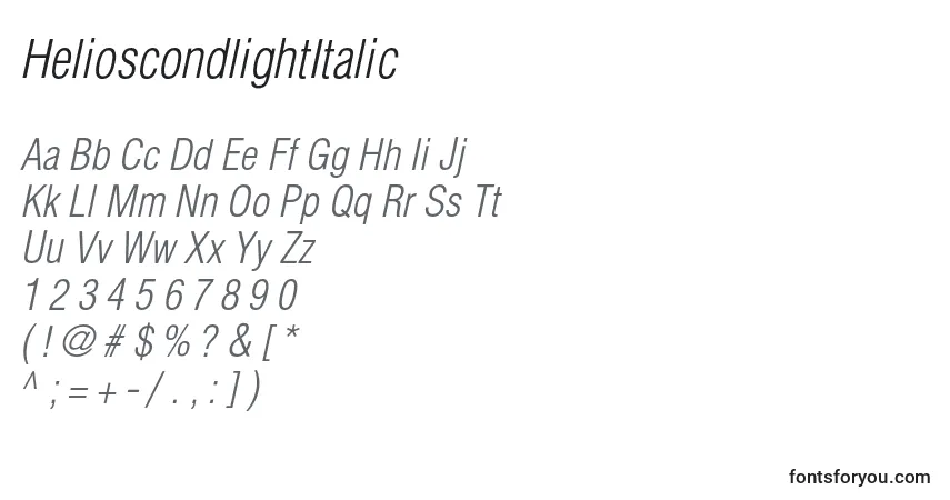 Czcionka HelioscondlightItalic – alfabet, cyfry, specjalne znaki