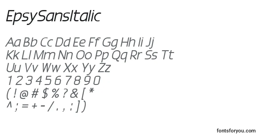 Czcionka EpsySansItalic – alfabet, cyfry, specjalne znaki