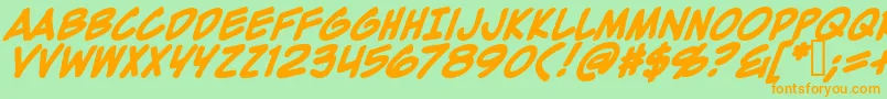 Weitere Informationen zur ZapRaygunV2.0Bold-Schriftart ZapRaygunV2.0Bold-Schriftart – Orangefarbene Schriften auf grünem Hintergrund