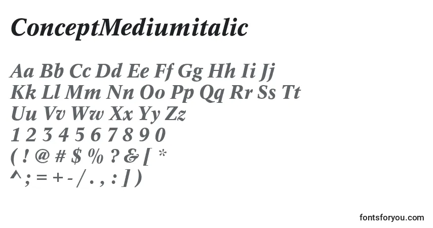 Czcionka ConceptMediumitalic – alfabet, cyfry, specjalne znaki