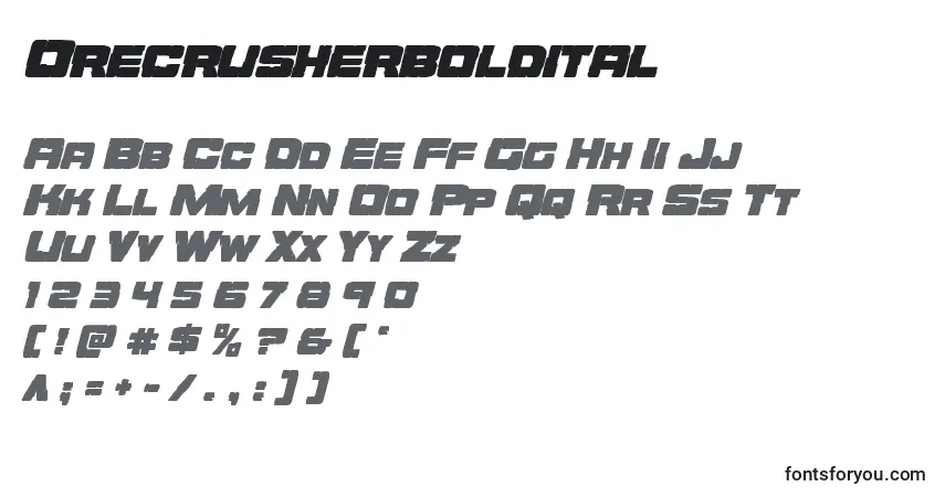 Czcionka Orecrusherboldital – alfabet, cyfry, specjalne znaki