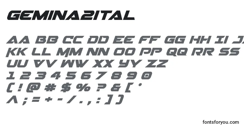 Czcionka Gemina2ital – alfabet, cyfry, specjalne znaki