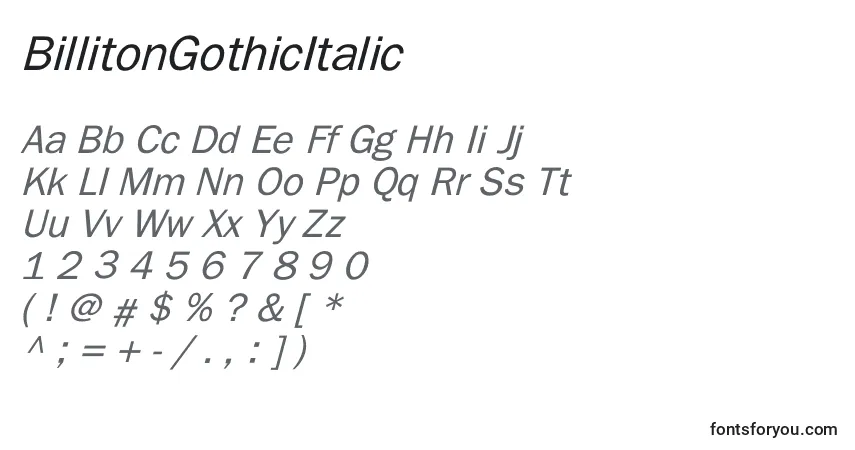 Schriftart BillitonGothicItalic – Alphabet, Zahlen, spezielle Symbole