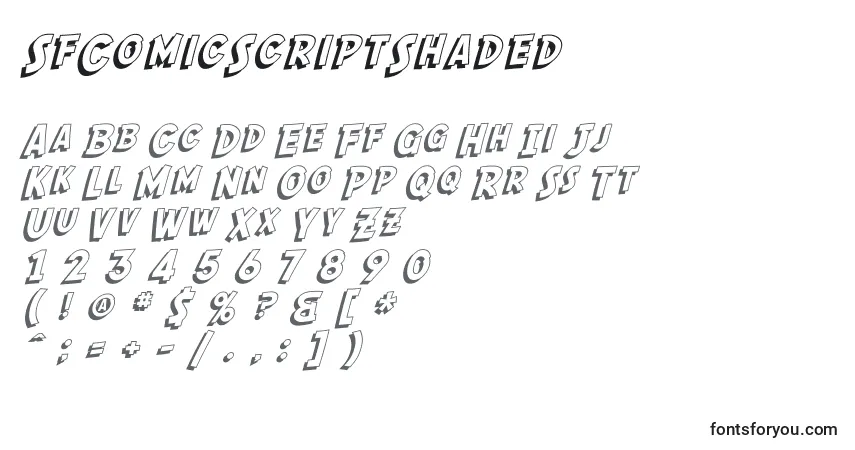 A fonte SfComicScriptShaded – alfabeto, números, caracteres especiais