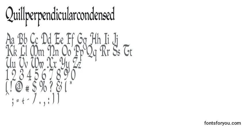 A fonte Quillperpendicularcondensed – alfabeto, números, caracteres especiais