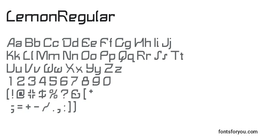 Schriftart LemonRegular – Alphabet, Zahlen, spezielle Symbole