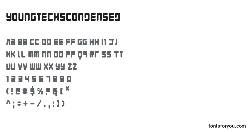 Czcionka Youngtechscondensed – alfabet, cyfry, specjalne znaki