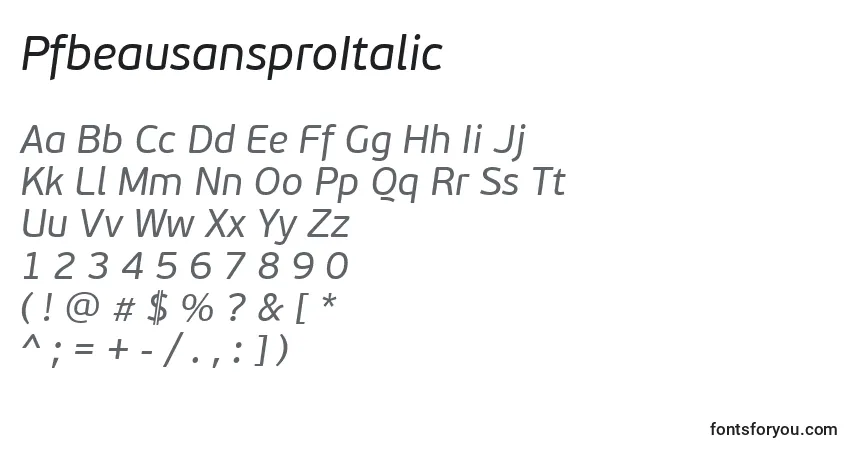 Шрифт PfbeausansproItalic – алфавит, цифры, специальные символы