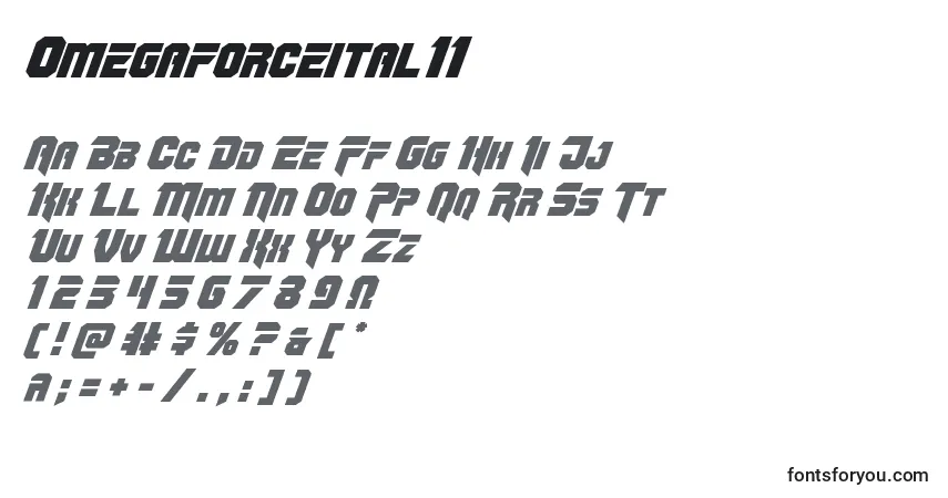 Czcionka Omegaforceital11 – alfabet, cyfry, specjalne znaki