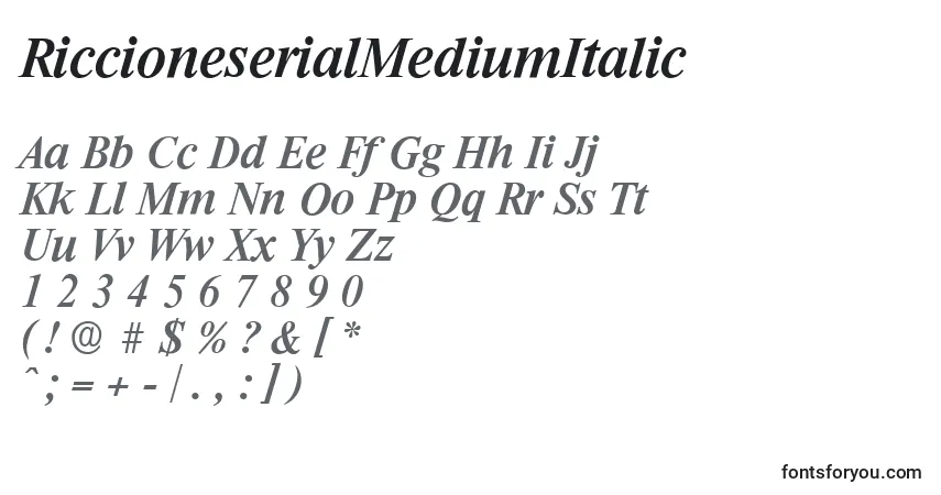 Шрифт RiccioneserialMediumItalic – алфавит, цифры, специальные символы