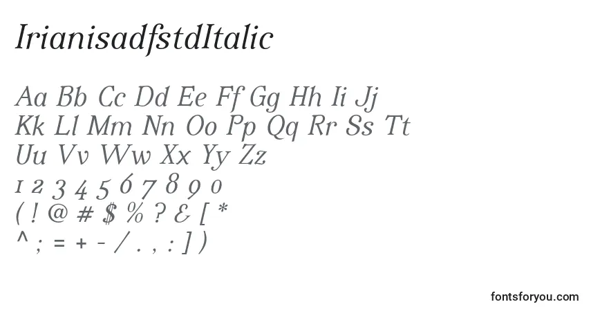 A fonte IrianisadfstdItalic – alfabeto, números, caracteres especiais