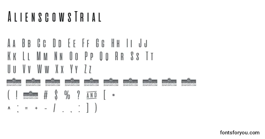 A fonte AlienscowsTrial – alfabeto, números, caracteres especiais