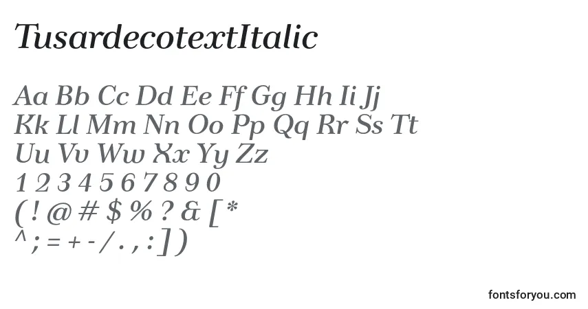 Шрифт TusardecotextItalic – алфавит, цифры, специальные символы