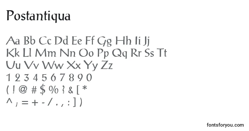A fonte Postantiqua – alfabeto, números, caracteres especiais